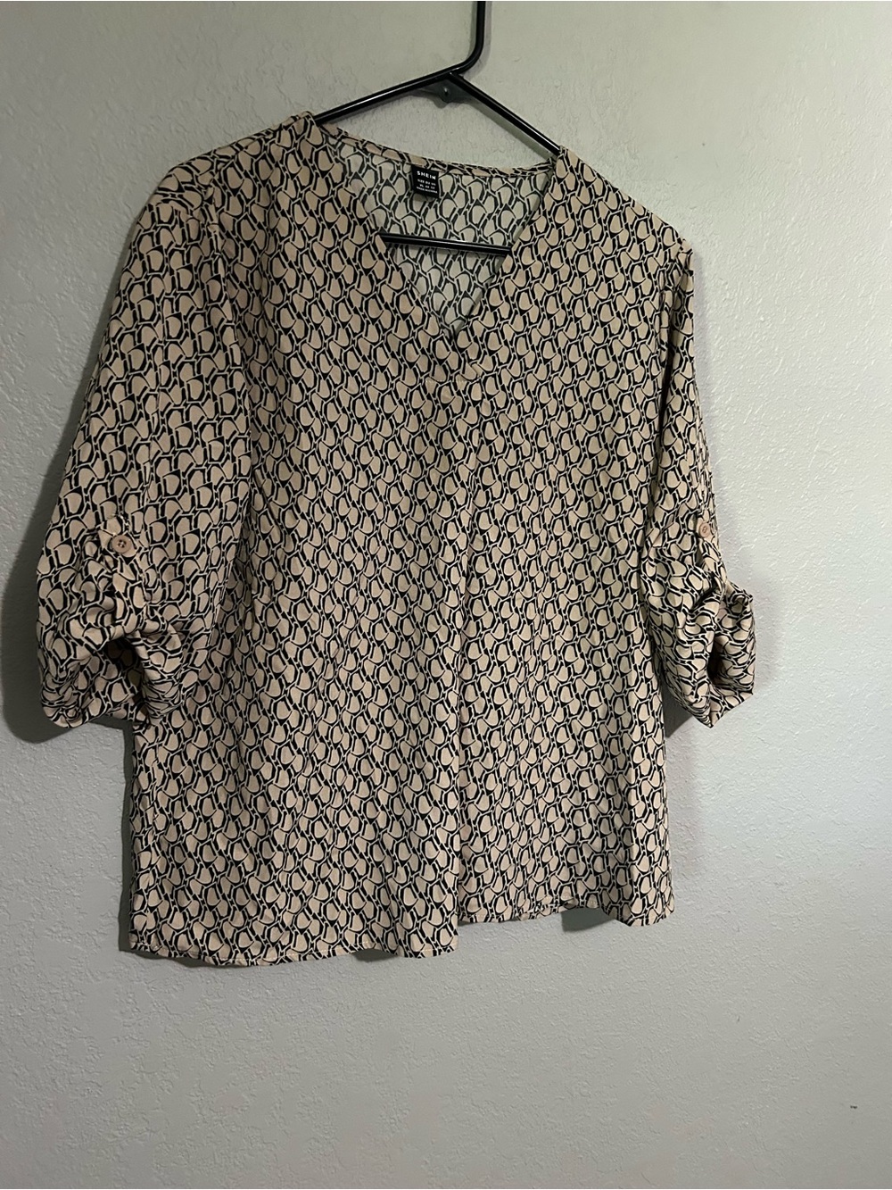 SHEIN Beige and Black Geometric V-Neck Roll-Tab Blouse